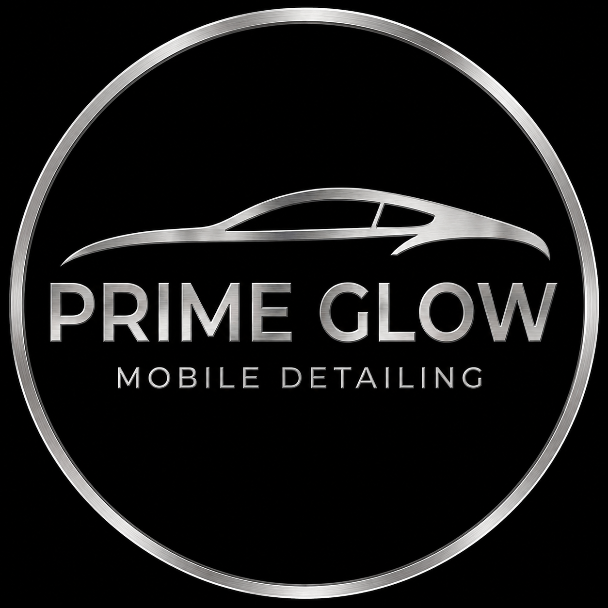 Prime Glow Mobile Detailing round silver logo